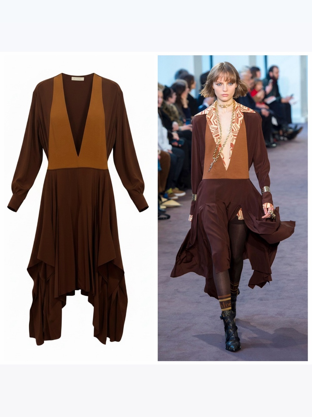 CHLOÉ Brown Silk Midi Dress Runway Boho FR36 US4 Asymmetrical NWT 🟠